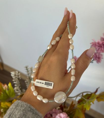 ARGINT 925 - Colier perle cultura, aquamarine, amazonit si hematit