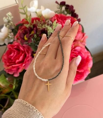 ARGINT 925 Colier pirita, perle de cultura si cruce