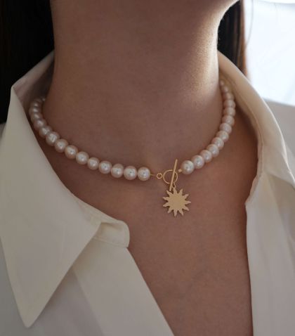 ARGINT 925 Colier perle de cultura inima si soare