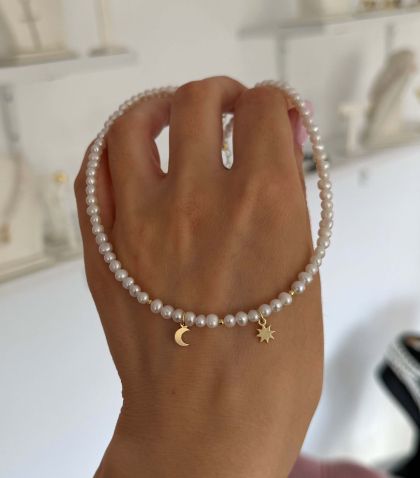 ARGINT 925 Colier perle de cultura soare si luna