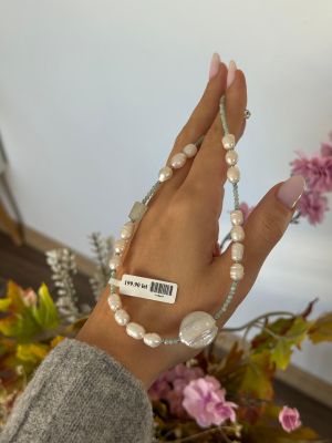 ARGINT 925 - Colier perle cultura, aquamarine, amazonit si hematit