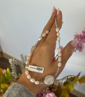 ARGINT 925 - Colier perle cultura, aquamarine, amazonit si hematit