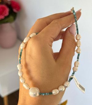 ARGINT 925 - Colier apatit natural, perle cultura, hematit