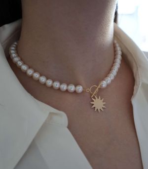 ARGINT 925 Colier perle de cultura inima si soare